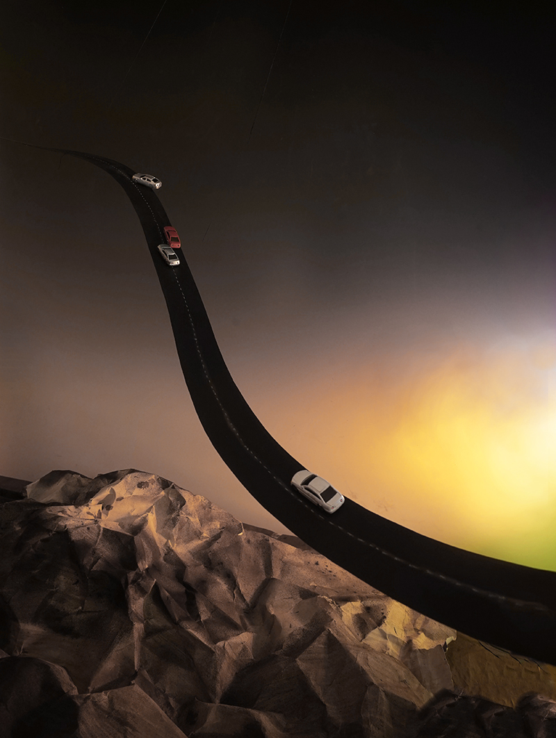 Surrealism, dream, cars, road, driving, precipice, danger, road bend, mountains, car crash, red car, flying, impossible road, surreal landscape, levitation